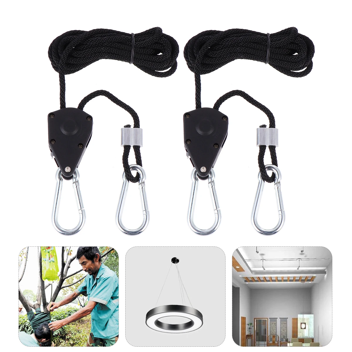 

4pcs Grow Light Ratchet Hanger Set Adjustable Polypropylene Rope Metal Pulley Galvanized Carabiner Slip-Resistant For Plant