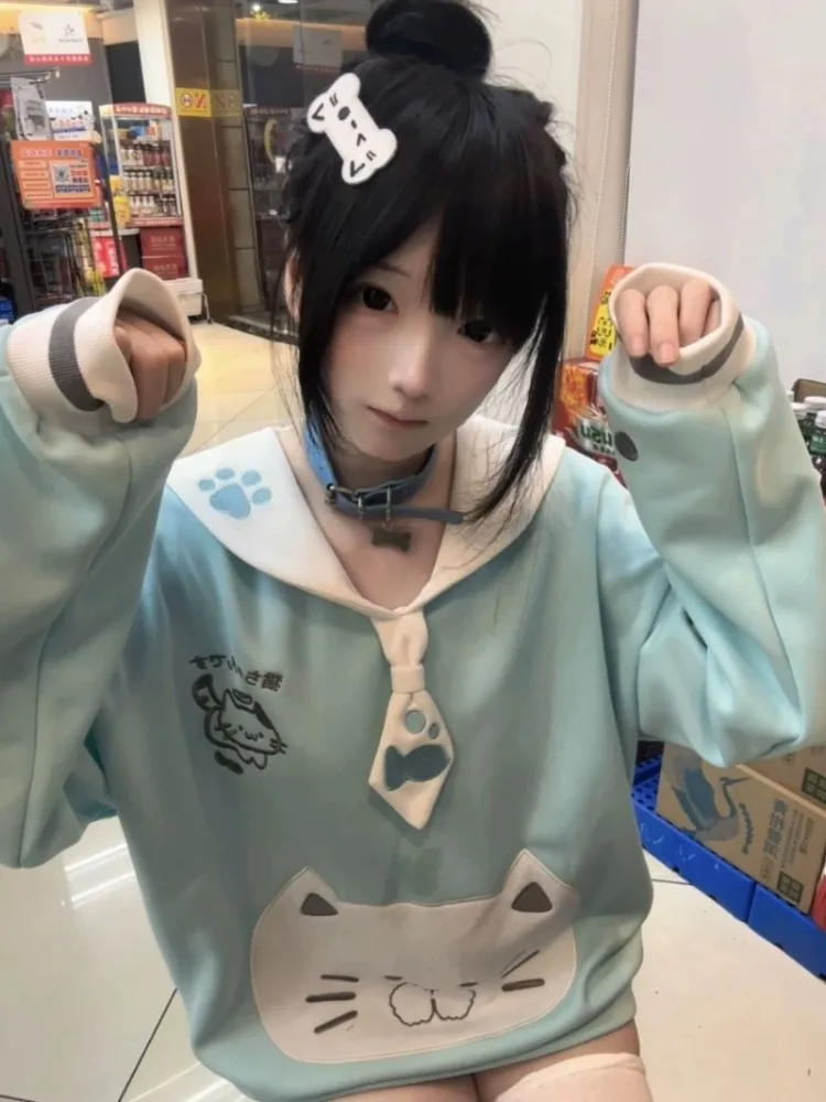 المرأة اليابانية Kawaii البحرية طوق مطرزة هوديي الحلو القط طباعة موضة البلوز الشتاء معطف فضفاض طويل الأكمام عادية #5