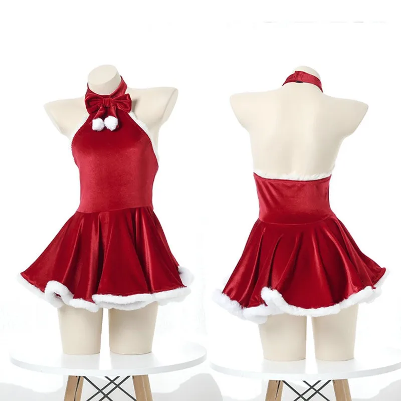 Lingerie sexy outono inverno natal cosplay sem costas sleepwear feminino saia vermelha terno de empregada festa doce mini vestido bonito casa wear