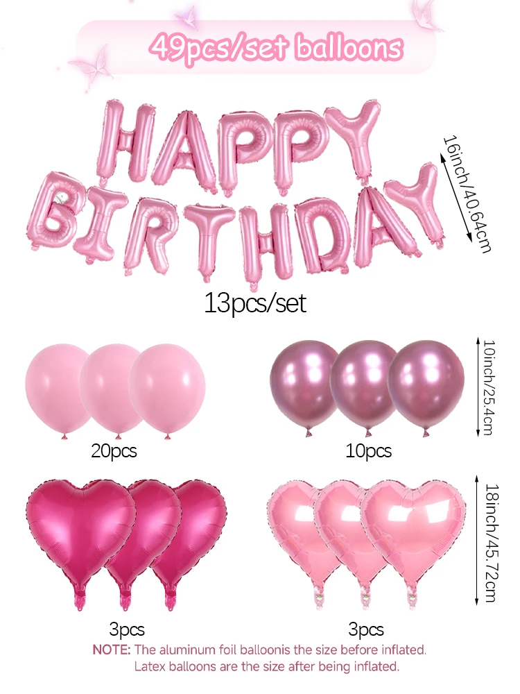 49 stuks 16 inch roze gelukkige verjaardag brief liefde aluminium film ballon set geschikt voor verjaardagsfeestje baby shower decoratie