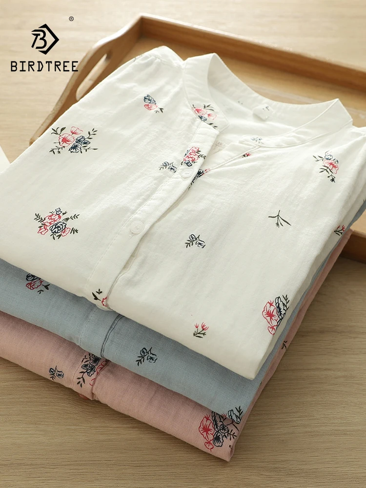 Neue Sommerbluse 2026 für Damen aus Baumwollgarn mit Halbarm, V-Ausschnitt / Revers und Blumenmuster, Mori Girl Preppy-Stil, Locker Geschnittene Bluse T64088CC