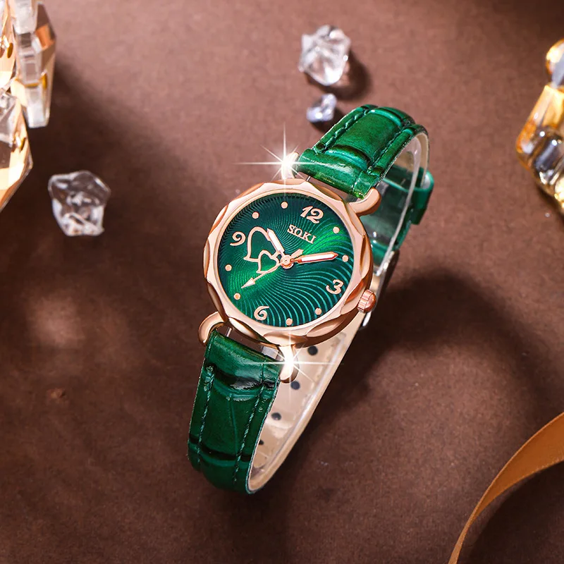 6 قطع جديدة فاخرة الحب حجر الراين مجوهرات السيدات خاتم قلادة أقراط سوار مجموعة بسيطة الرقمية حزام من الجلد ساعة كوارتز #4