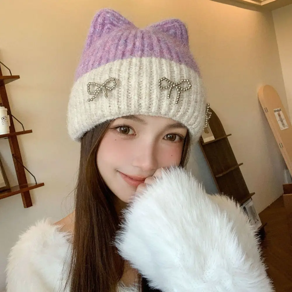 Cute Contrast Color Cat Ear Knitted Hat Bow Warm Cap Crochet Basin Cap Jennie Style Wool Hat Knit Beanie Apparel Accessories