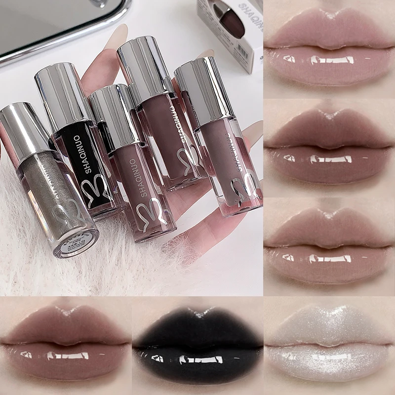 Spiegelnder, wässriger Lipgloss, langanhaltend feuchtigkeitsspendender Lip Tint, cooles Schwarz, Silbergrau, Perlmutt, fein glitzernder Lippenstift, Make-up-Kosmetik