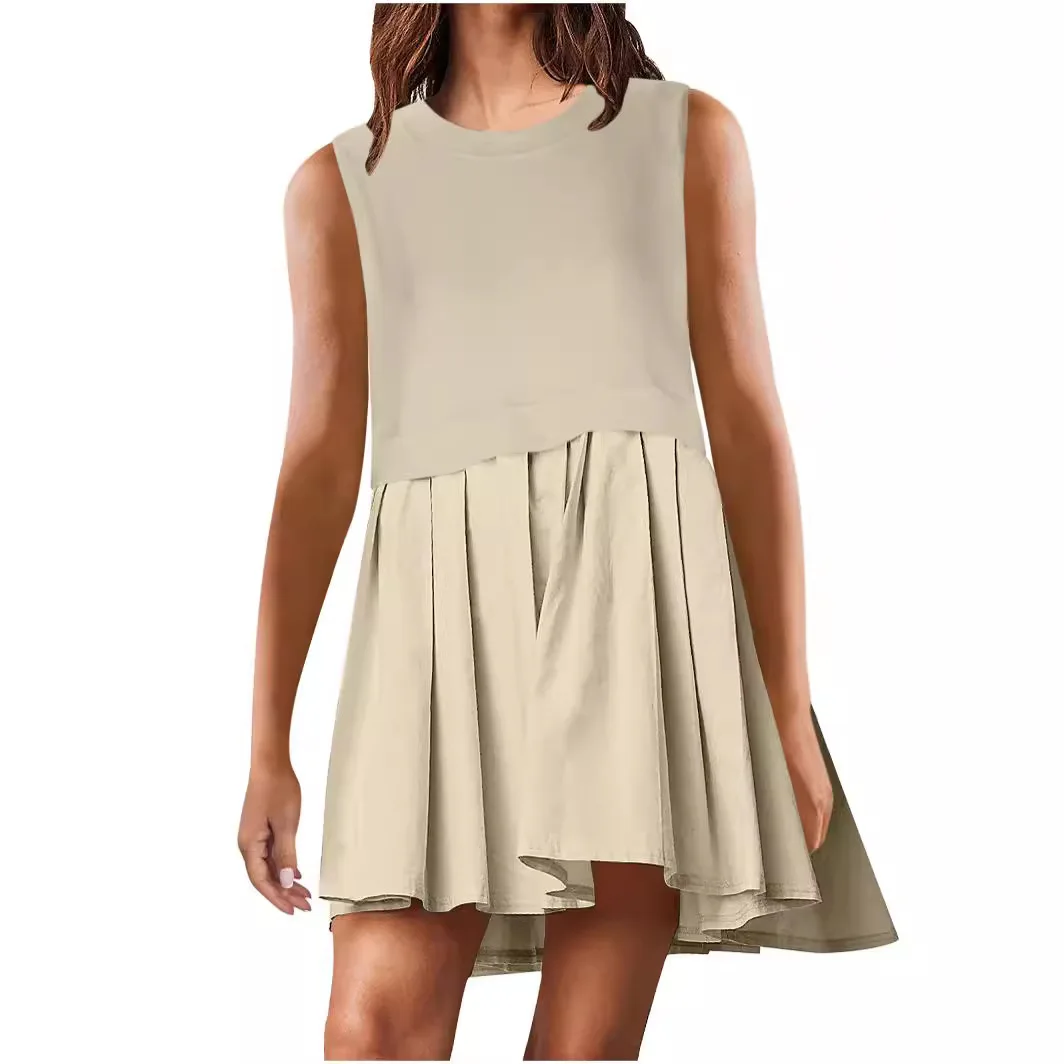 Women's short dress simple solid color A-line skirt traf round neck casual splicing pleated sleeveless dresses seaside beach image 3
