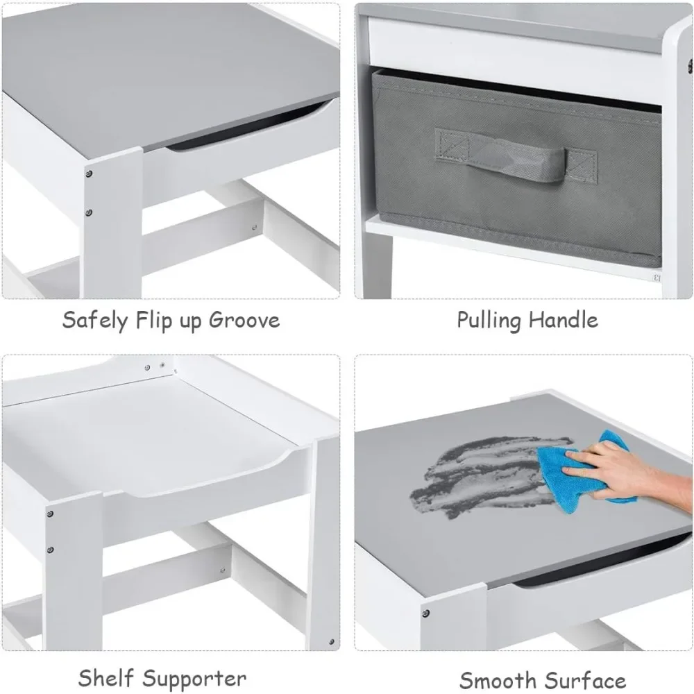 Juego de mesa y sillas para niños, mesa de actividades de madera 3 en 1 con cajón de almacenamiento, mesa desmontable para niños