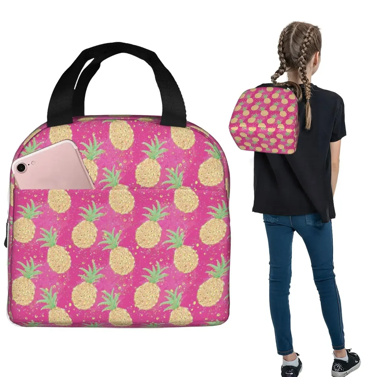 

Термосумка для обедов с золотым узором в виде ананасов для женщин и детей, герметичная, для хранения продуктов, термосумка-тоут