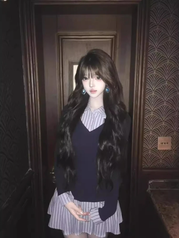 Vestido listrado estilo preppy coreano, em camadas, contraste, gola polo, manga comprida, vestido emagrecedor, início do outono, vestido feminino jovem 2025