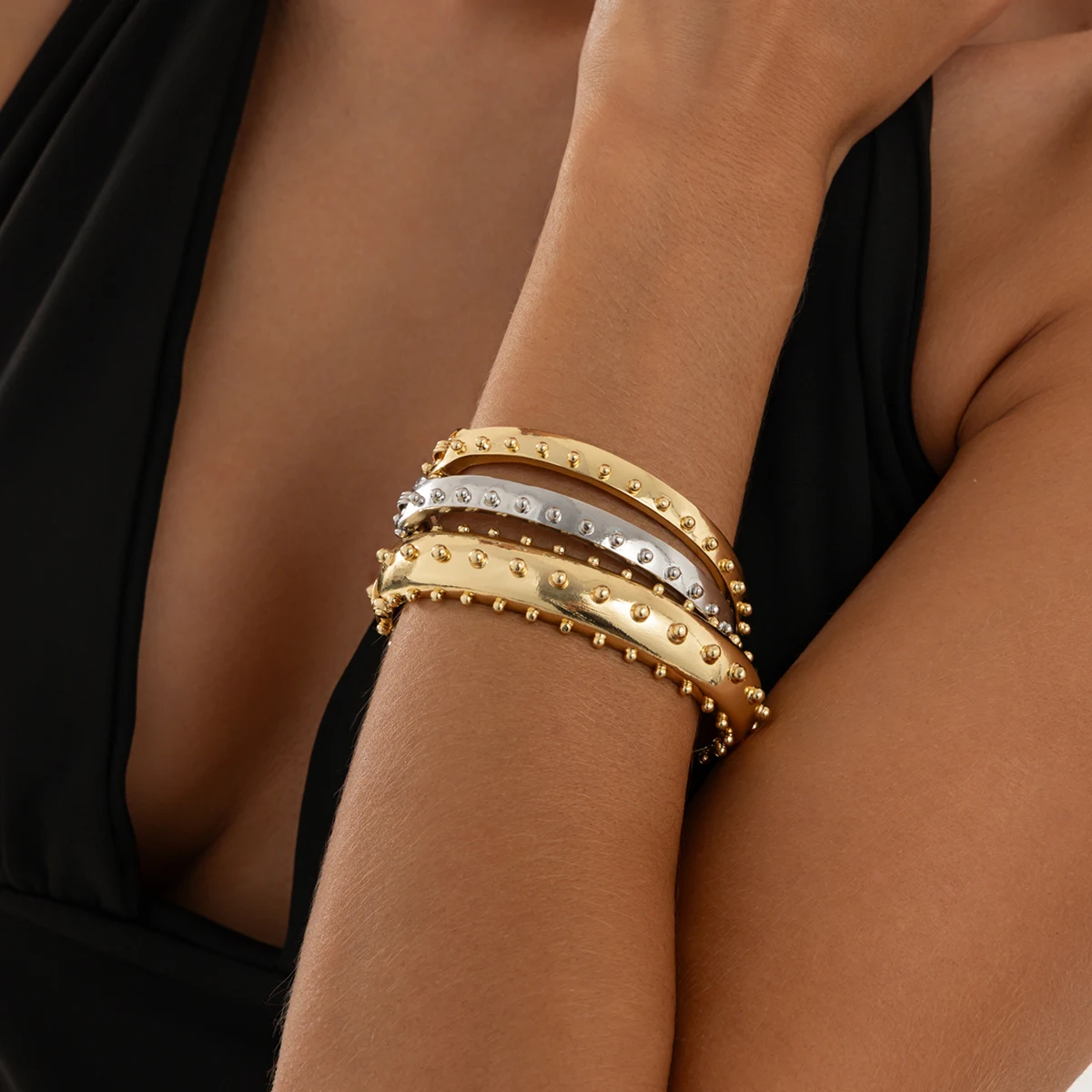 KunJoe 3Pcs/set Retro Color Block Rivet Elastic Open Bangles Women Simple Metal Particles Round Spring Bracelets Trendy Jewelry