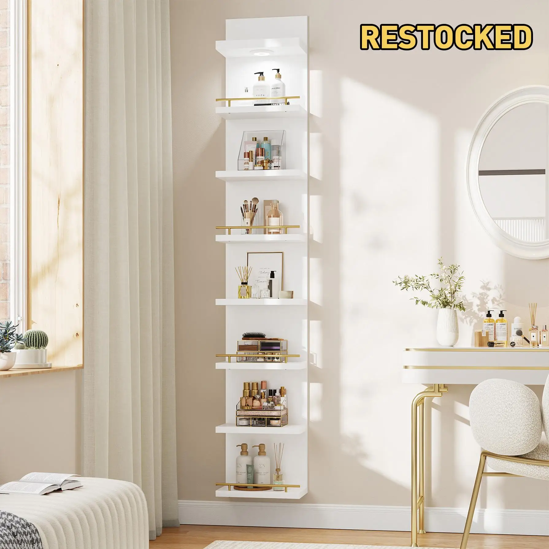 Modern 6/8-Tier Minimalist Floating Wall Shelf Vertical White LED Display Bookshelf Wall Mounted Storage Organizer Vanity Decor Shelves with Remote Control Adjustable Light for Bedroom Living Room Office Space Saving