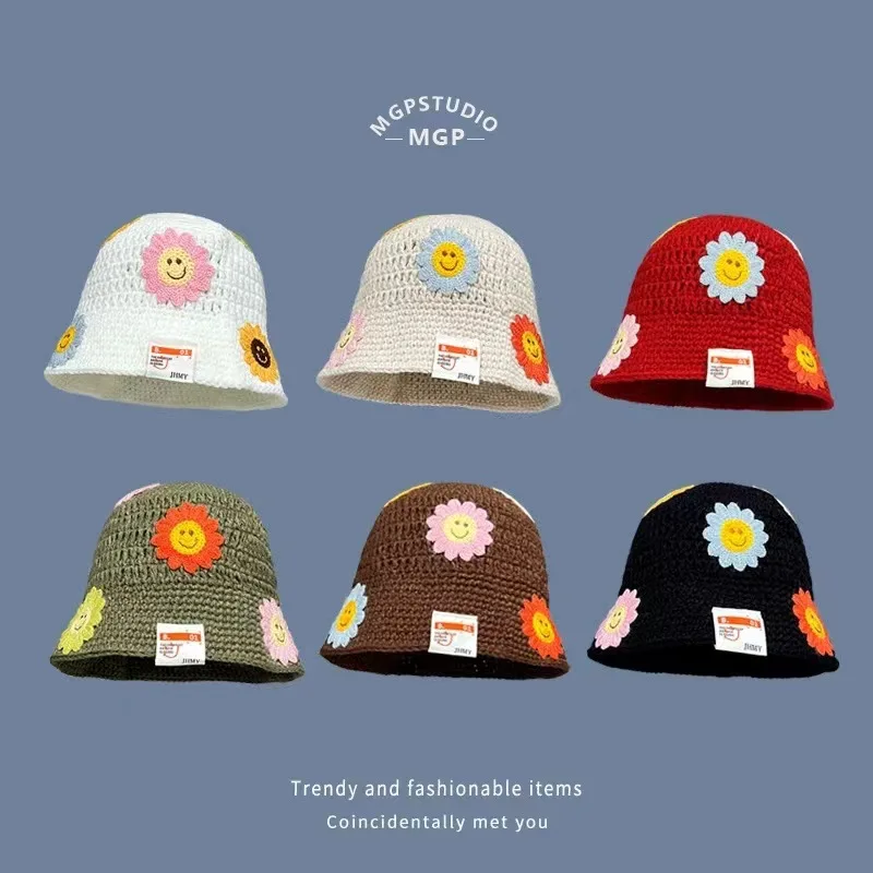 Ins Sweet Flower Design Handmade Bucket Hats for Women Spring and Autumn Casual Versatile Retro Patch Red Knitted Basin Cap