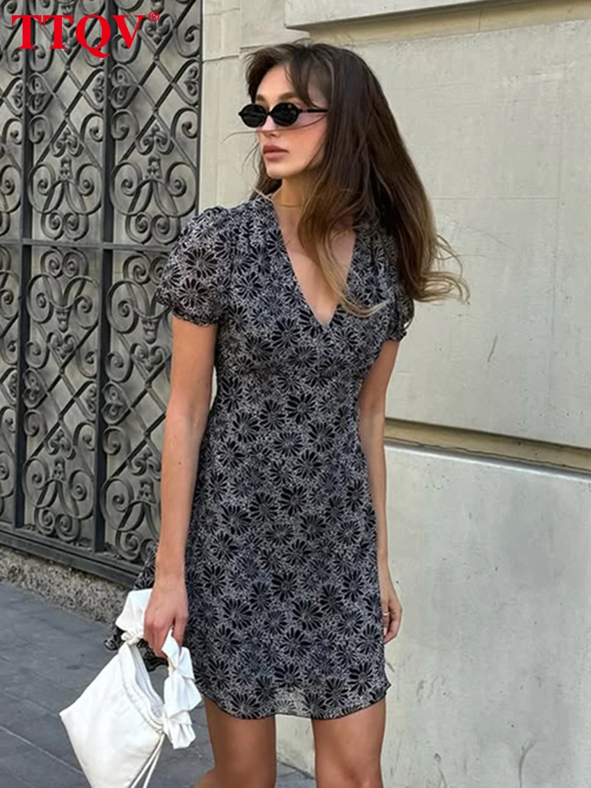

TTQV Summer Loose Print Women's Dress 2026 Sexy V-Neck Short Sleeve Mini Dresses Lady Elegant Classic Female Dress Streetwear