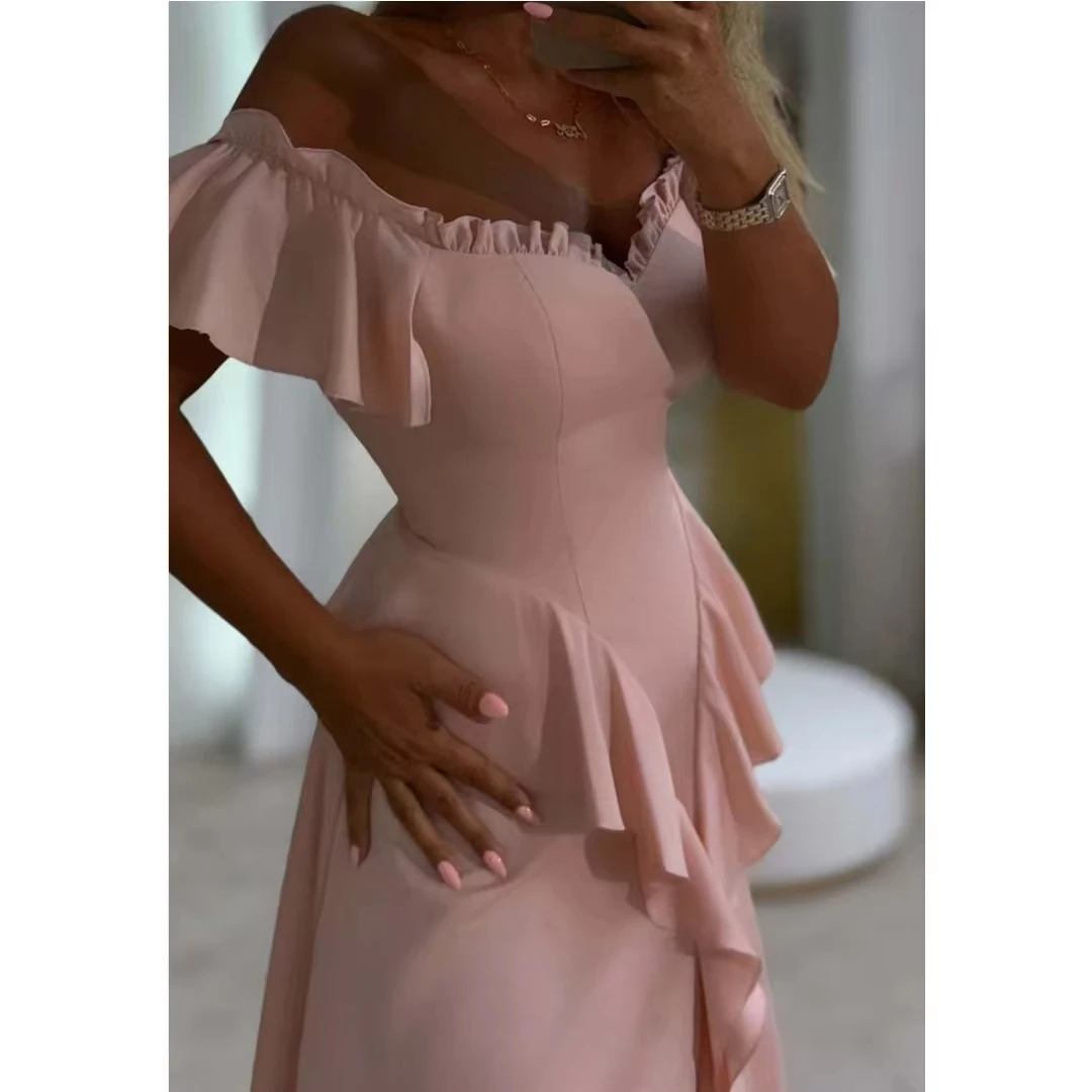 

Pink Sweetheart Evening Dresses Customized Off-The-Shoulder Ruffle Sleeves Prom Dress Saudi Arabia Formal Wedding Party Dress