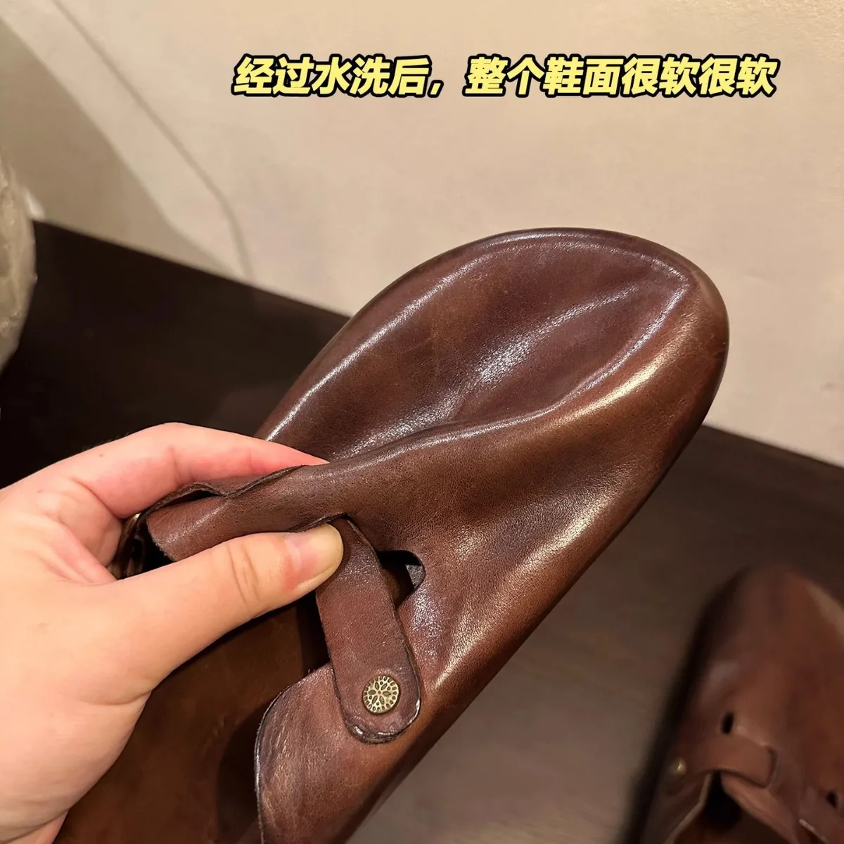 Solid Brown Fashion Washed Leather Women\'s Slippers Summer Retro Versatile Slides Adult Casual Luxury Shoes