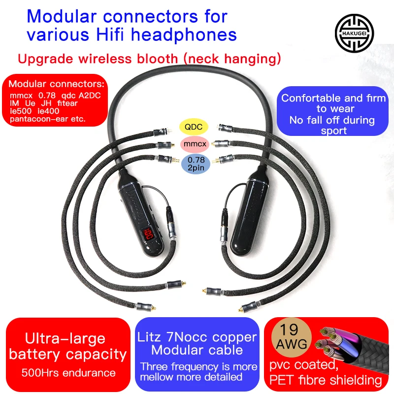 Modular(multi) ear connectors for various earbuds HIFI Wireless Bluetooth Neck hanging 500Hrs Sports max 128GB TF