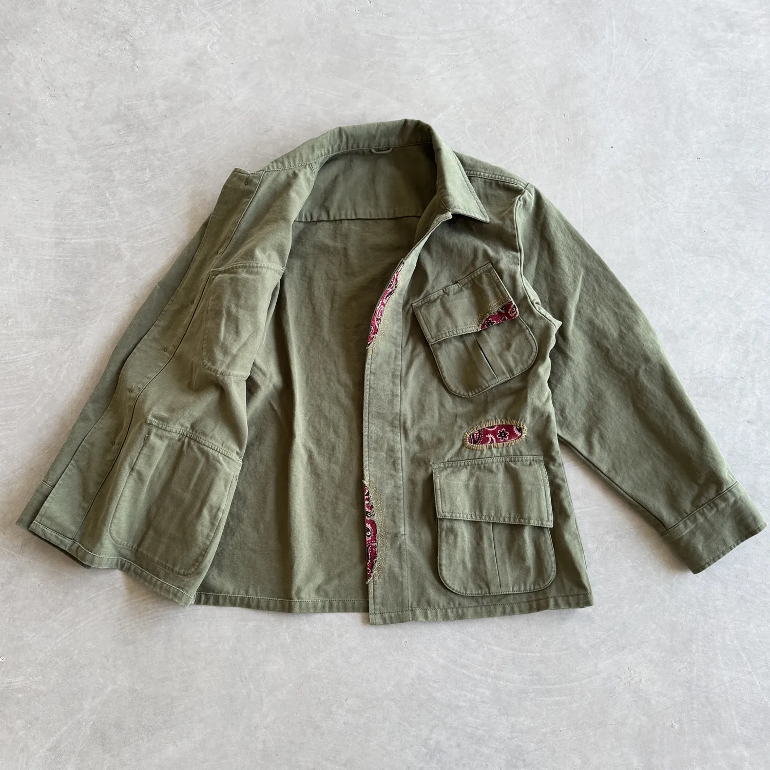 American Vintage Military Style Modified M43 Field Jacket 100% Cotton Heavyweight Safari Combat Coat with Paisley Patches Wear