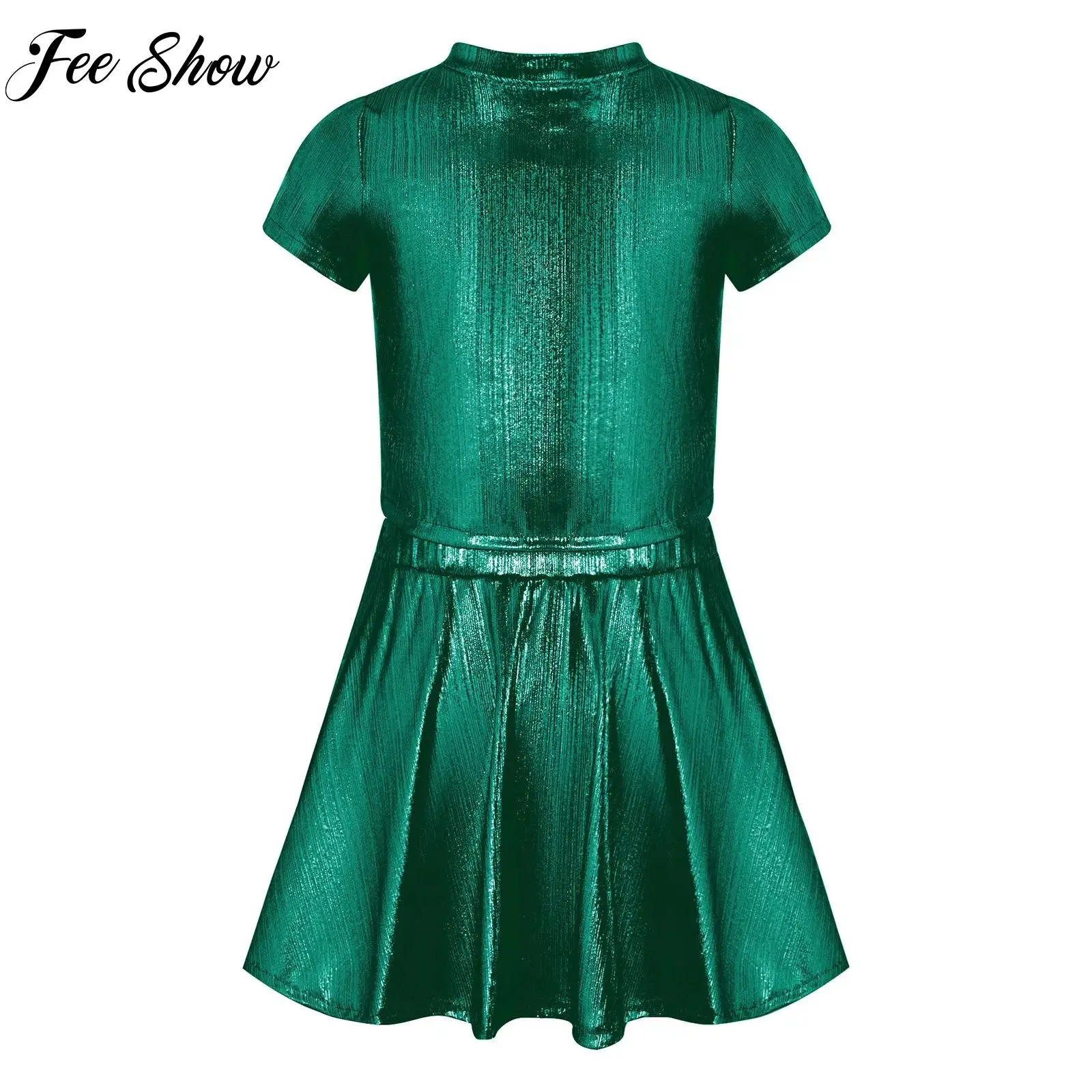 Kids Girls Metallic Dance Party Performance Costume Disco Outfit Short Sleeve T-shirt + Skirts Jazz Modern Hip Hop Clothes