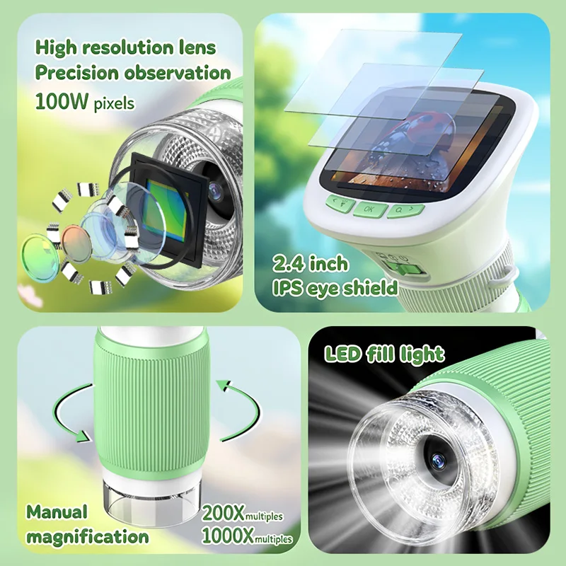 Kids Portable Handheld Digital Microscope 1000X 2.4 Inch Screen Children STEM Science Educational Toy with Photo Video Function