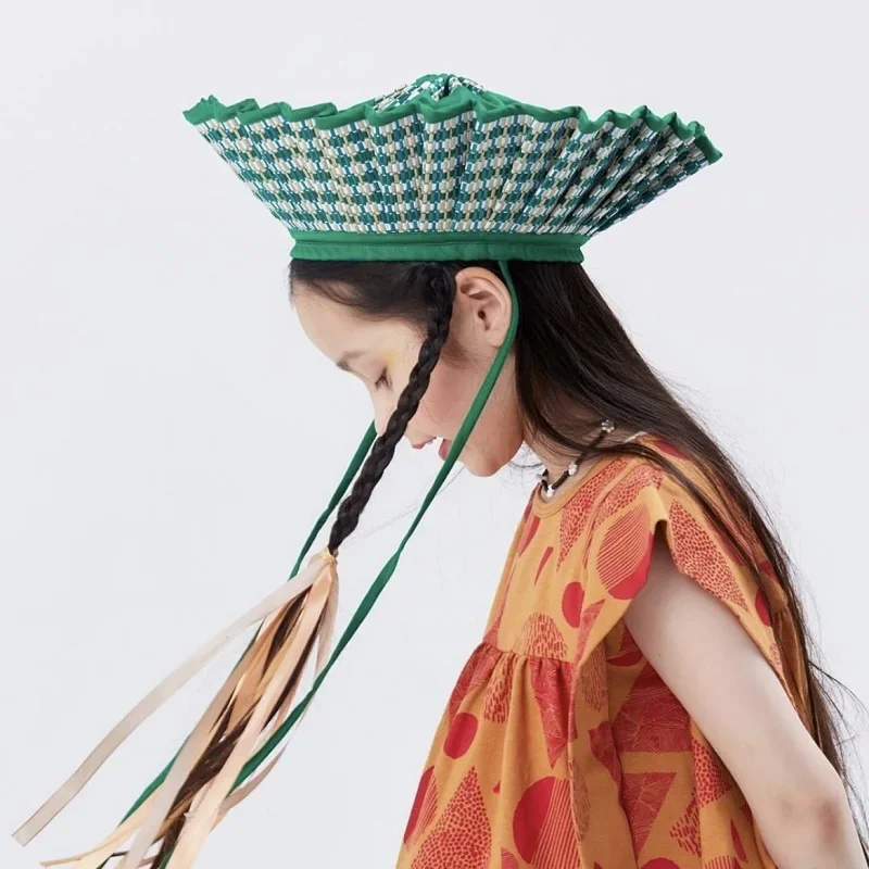 Parent-child Lorna Style Foldable Straw Hat Hand-woven Panama Straw Hat Personality Plaid Bow Sunscreen Children Sun Bucket Caps