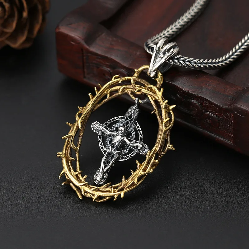 S925 Sterling Silver Cross Pendant Black Color Old Process Unisex Jesus Skull Thorn Fine Jewelry FYNE418