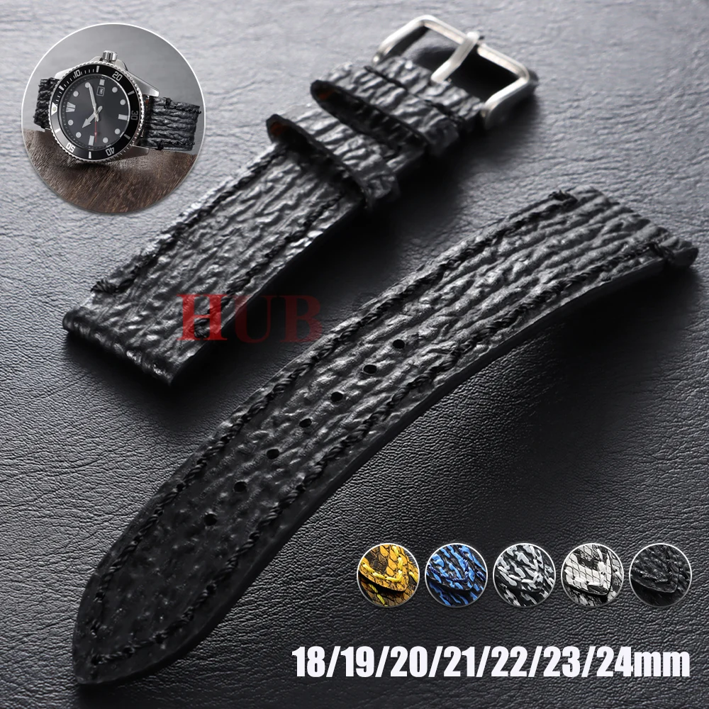 Pulseira de Couro Artesanal com Padrão de Pele de Tubarão em Relevo 18/19/20/21/22/23/24mm, Bracelete Vintage de Couro Bovino para Homens