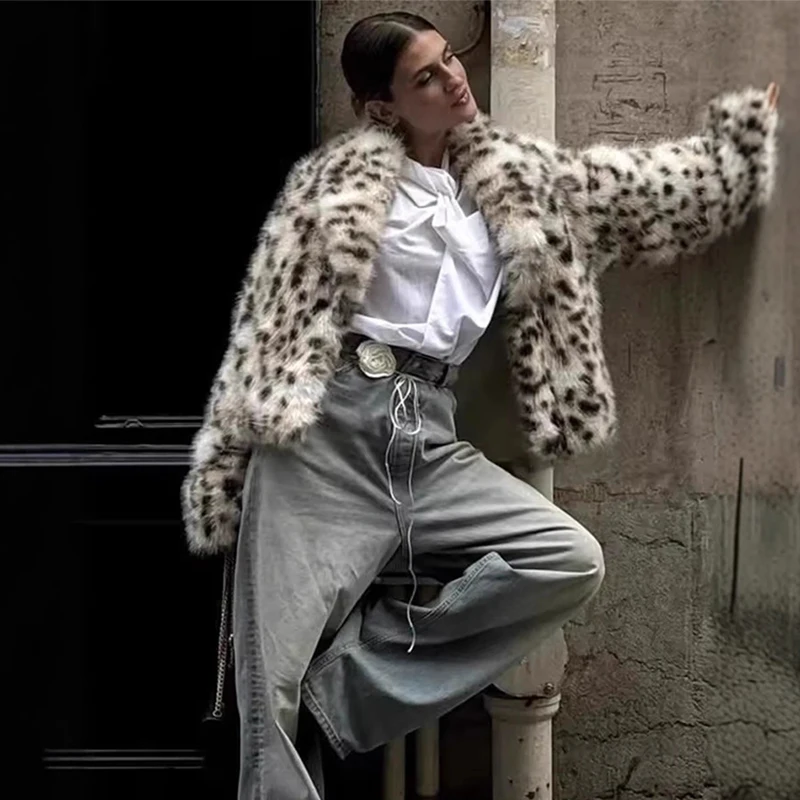 ترينديكس فو الفراء ليوبارد طباعة معطف للنساء شتاء جديد دافئ كم طويل سترة سترة موضة الشارع ملابس خارجية غير رسمية