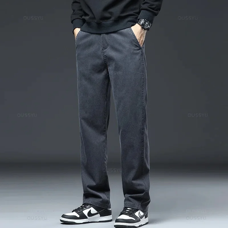 Spring Autumn New Upgraded Lyocell Fabric Jeans Men Loose Straight Elastic Waist Casual Denim Pants Trousers Male Large Size 5XL