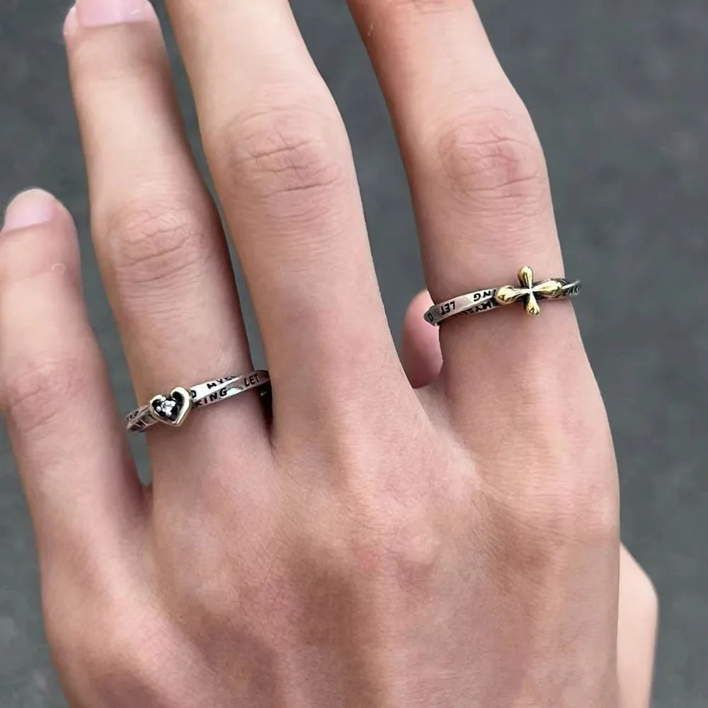 فاسق الهيب هوب القديمة الفضة الكتابة على الجدران على شكل قلب الزركون تشويه افتتاح خواتم للرجال النساء زوجين شخصية مجوهرات هدايا