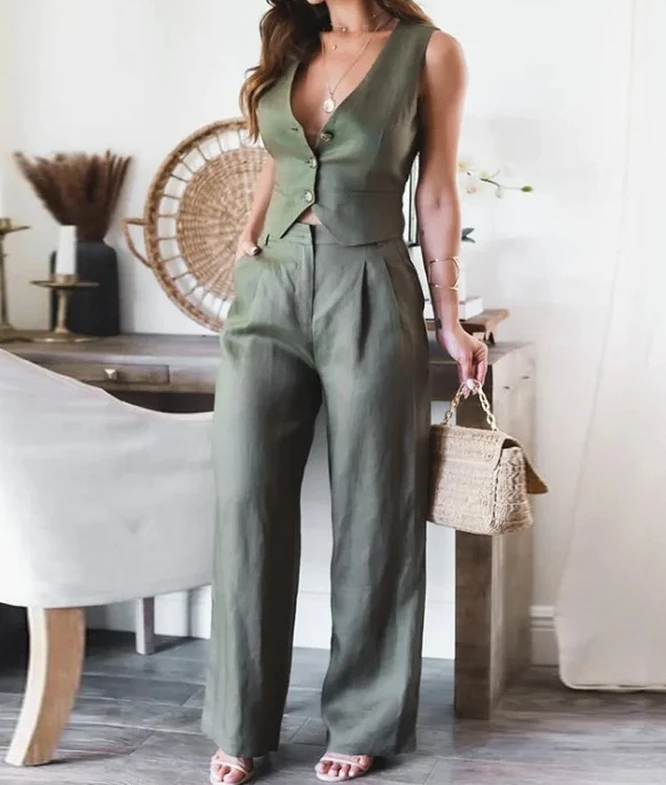 Women's Fashion Solid Vest Tops & Casual Pants Set Temperament Commuting Lace Up Elegant Two Piece Suit Outfits for Women