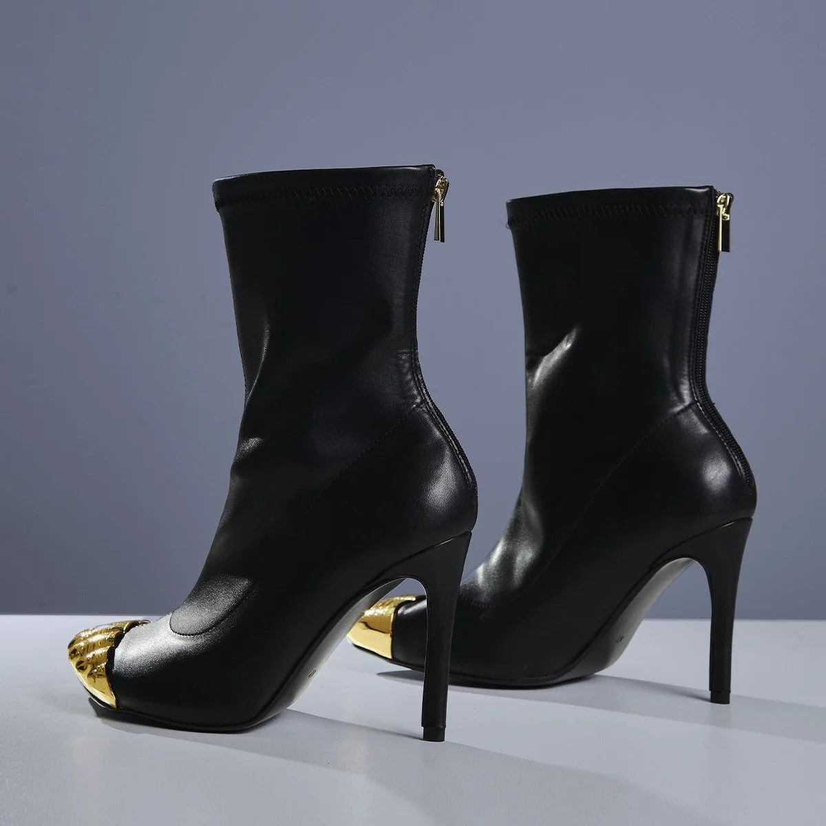 Women Metallic Gold Five Toe Ankle Boots Black Stretch Leather Stiletto High Heel Back Zipper Fashion Runway Party Short Boots