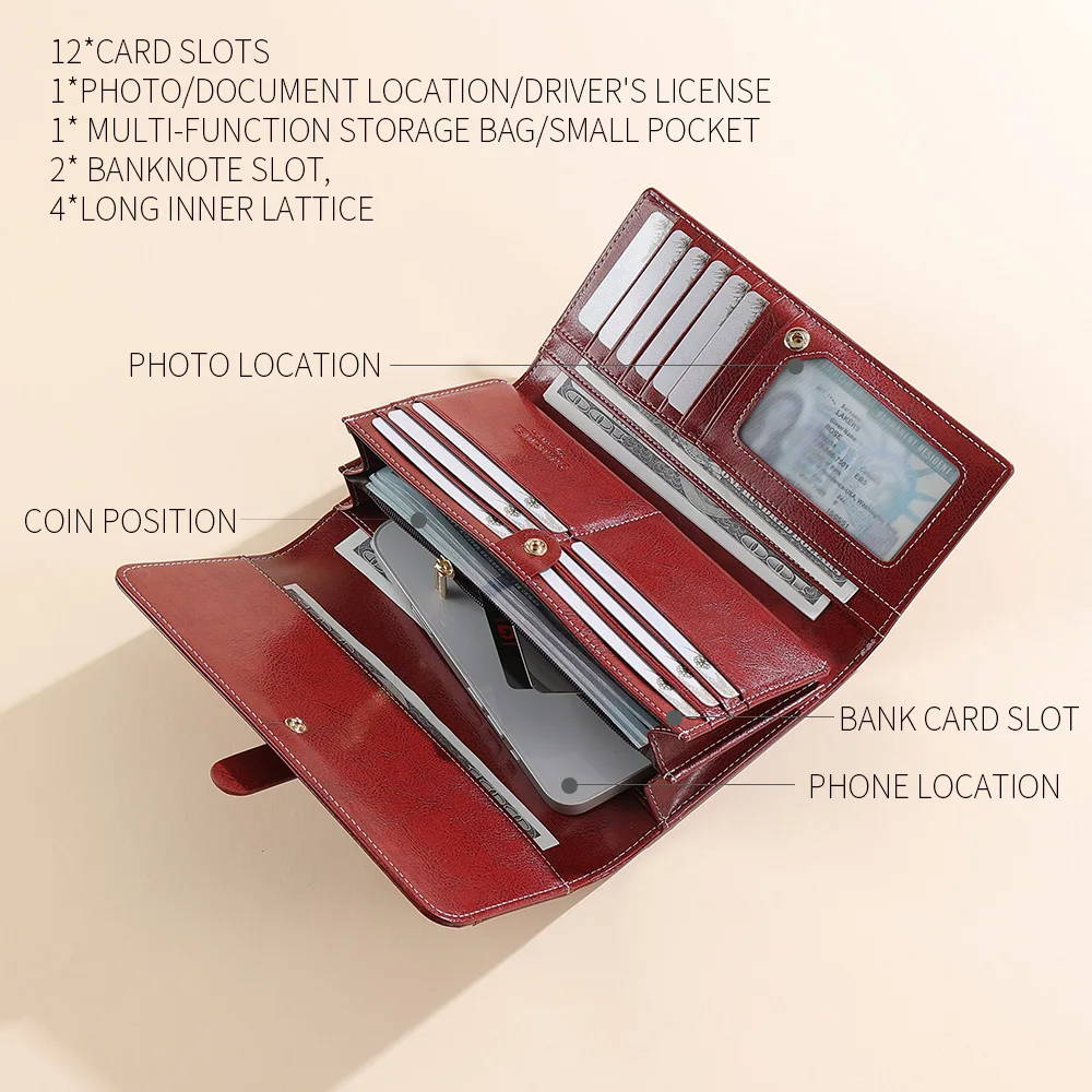 【Genuine Cow Leather】CHANPINCL Women's Long Wallet Luxury 12 Card Slots Coin Pocket Mobile Phone Female Purse Large Capacity