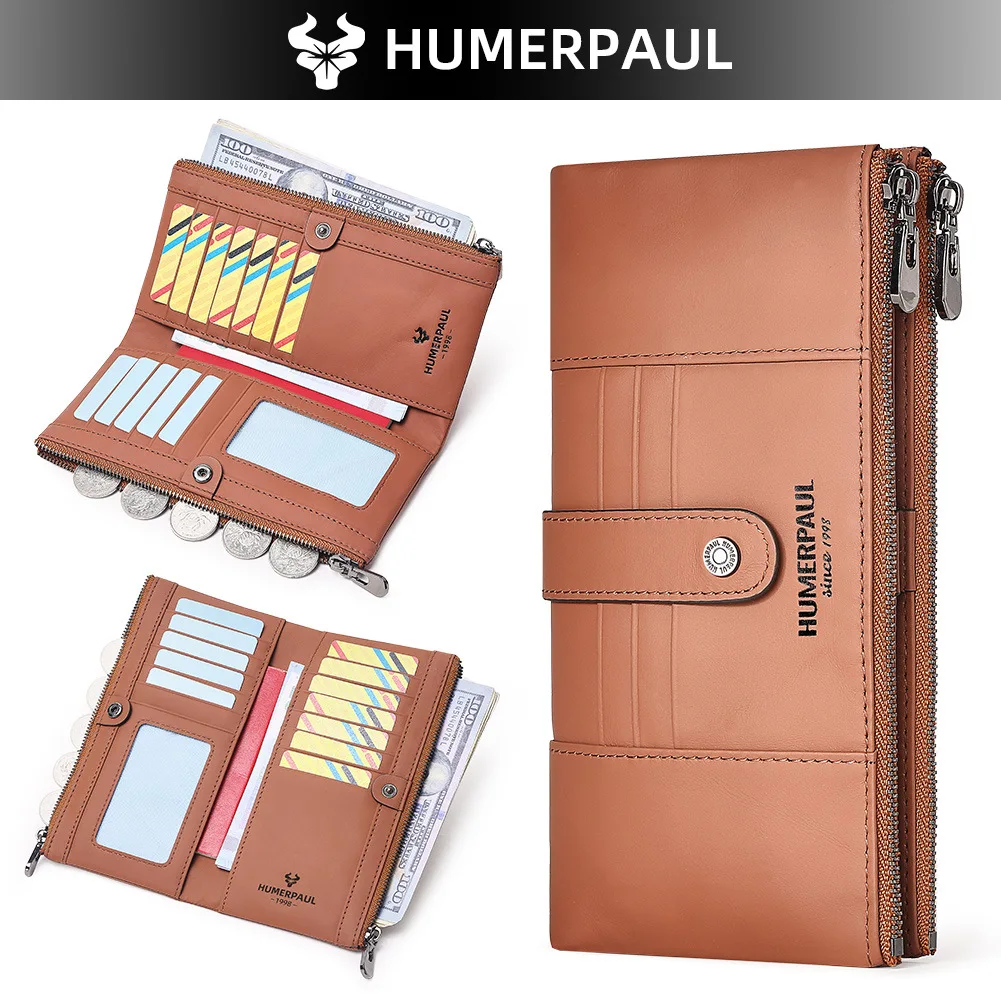 Real leather zipper ladies purse long double zipper large capacity mobile phone storage RFID multi-card handheld purse