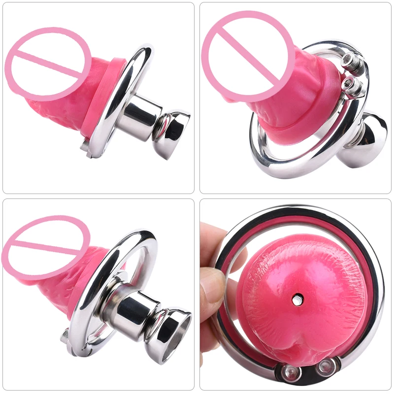 FRRK Inverted Urethral Chastity Cage with Pink Large Dildo for Men Creative Half Cock Lock Life Half Penis Adults Sex Toys