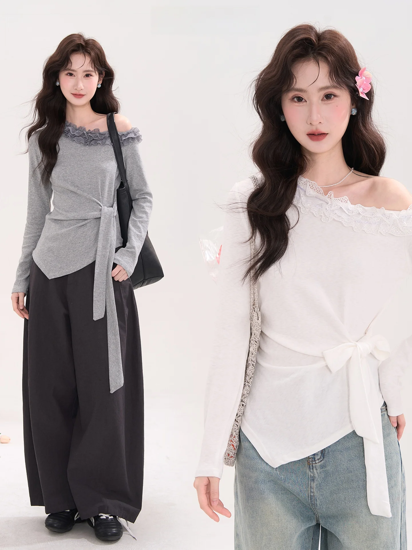 

Женская футболка с длинным рукавом на весну-лето с кружевной отделкой и бантом на плече, повседневный стиль, из смесовой хлопковой ткани