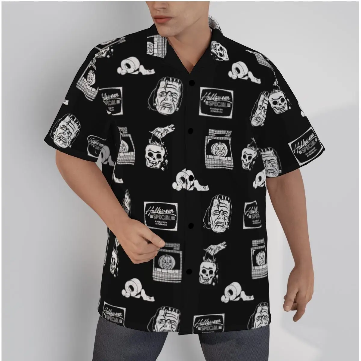 

Men's Hawaiian Shirt Cartoon Halloween Theme Frankenstein Print Beach Short Sleeve Summer Casual Button Up Patchwork Shirt