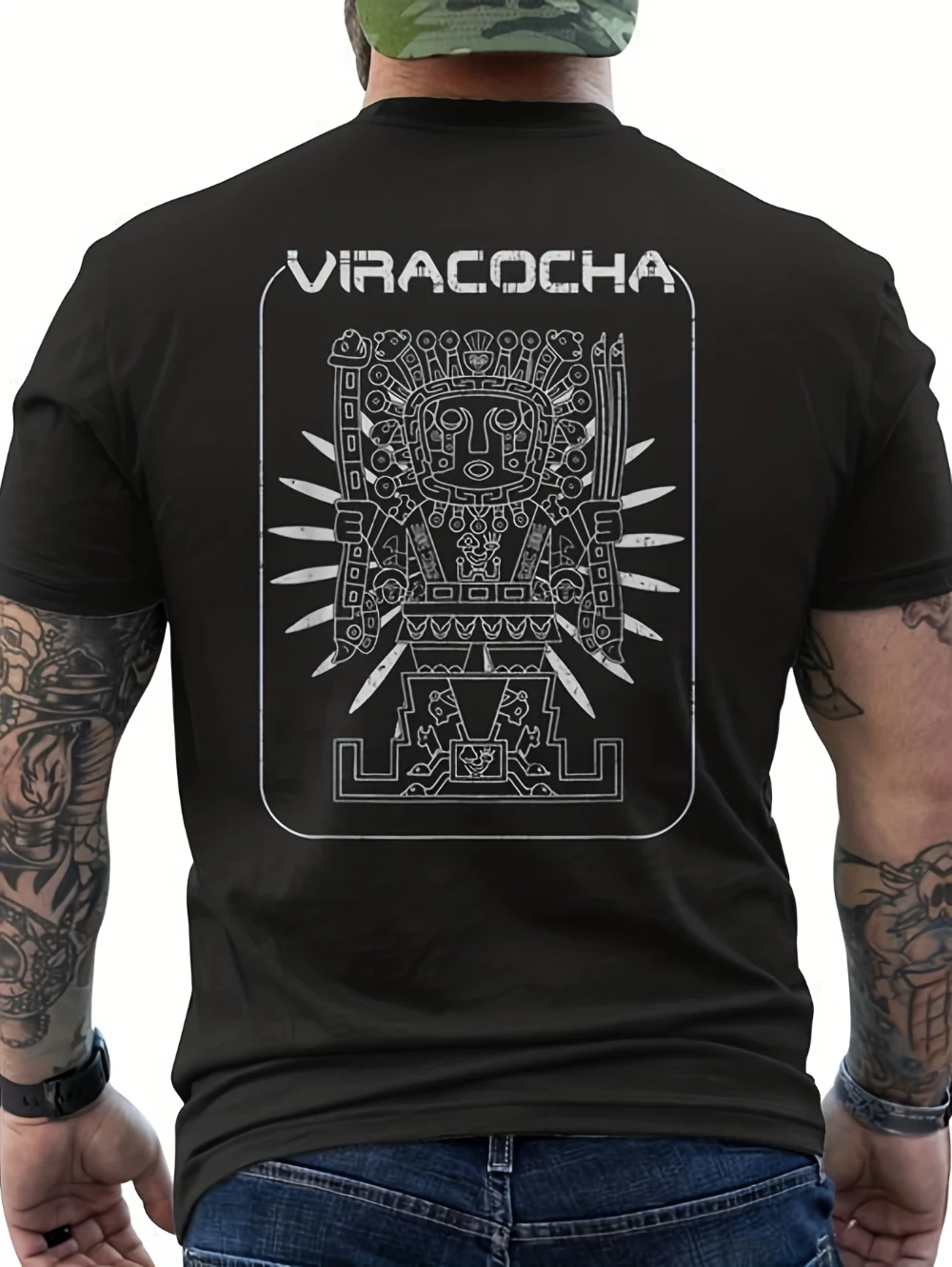 Herren-T-Shirt mit Viracocha-Schrift und antiken andischen Symbolen |   Atmungsaktive Kurzarm-T-Shirts für Herren für den Sommer Unisex
