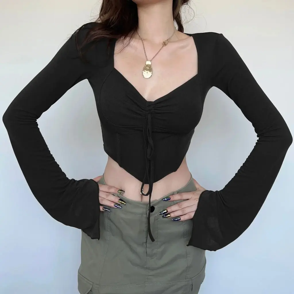 

American Street Style Sexy Low V-Neck Long-Sleeved T-Shirt for Women Irregular Slim Fit with Fishbone Waist And Navel Top