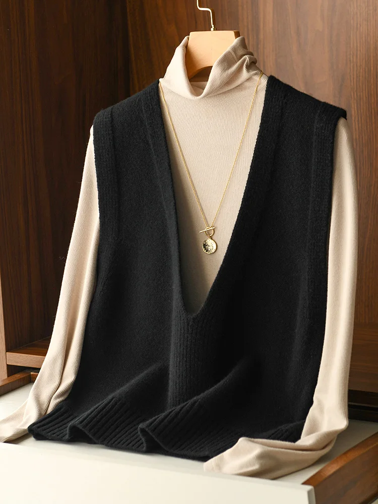 

New Fashion Sleeve Modern Simple Pullovers Sweater V-neck Soft Warm Casual Loose 100% Merino Wool Women's Vest Cable Stitch Tops