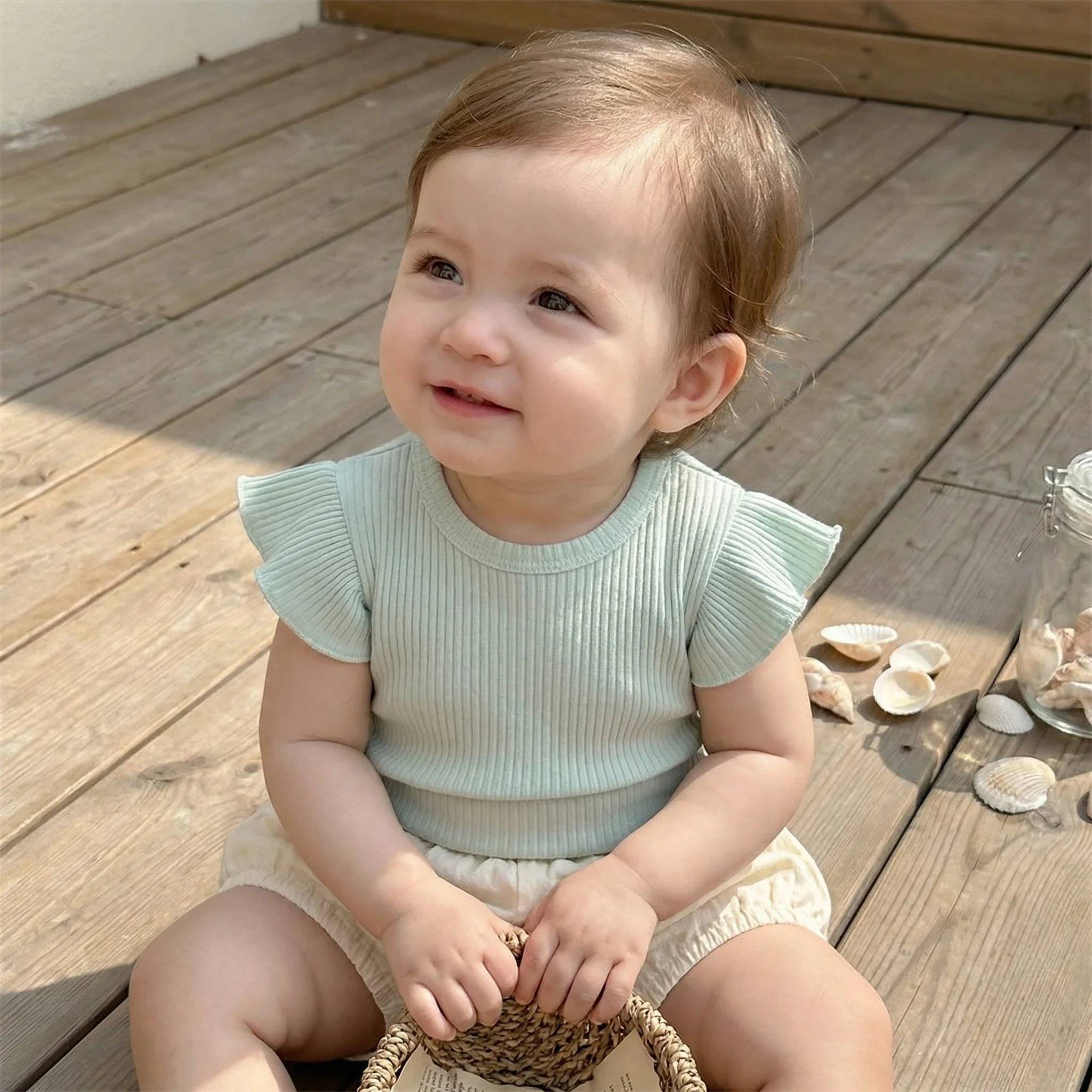 6M-2Y Summer Casual Cotton Baby T-shirt Ruffle Short Sleeve Top for Toddler Girls Solid Color Soft Infant Clothes