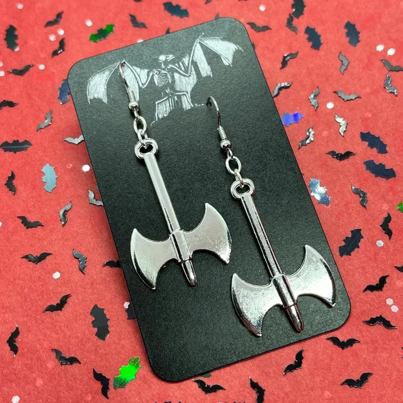 القرون الوسطى الأقراط السيف الطويلة الفضة مطلي المنجل معركة الفأس استرخى أقراط للنساء المجوهرات القوطية