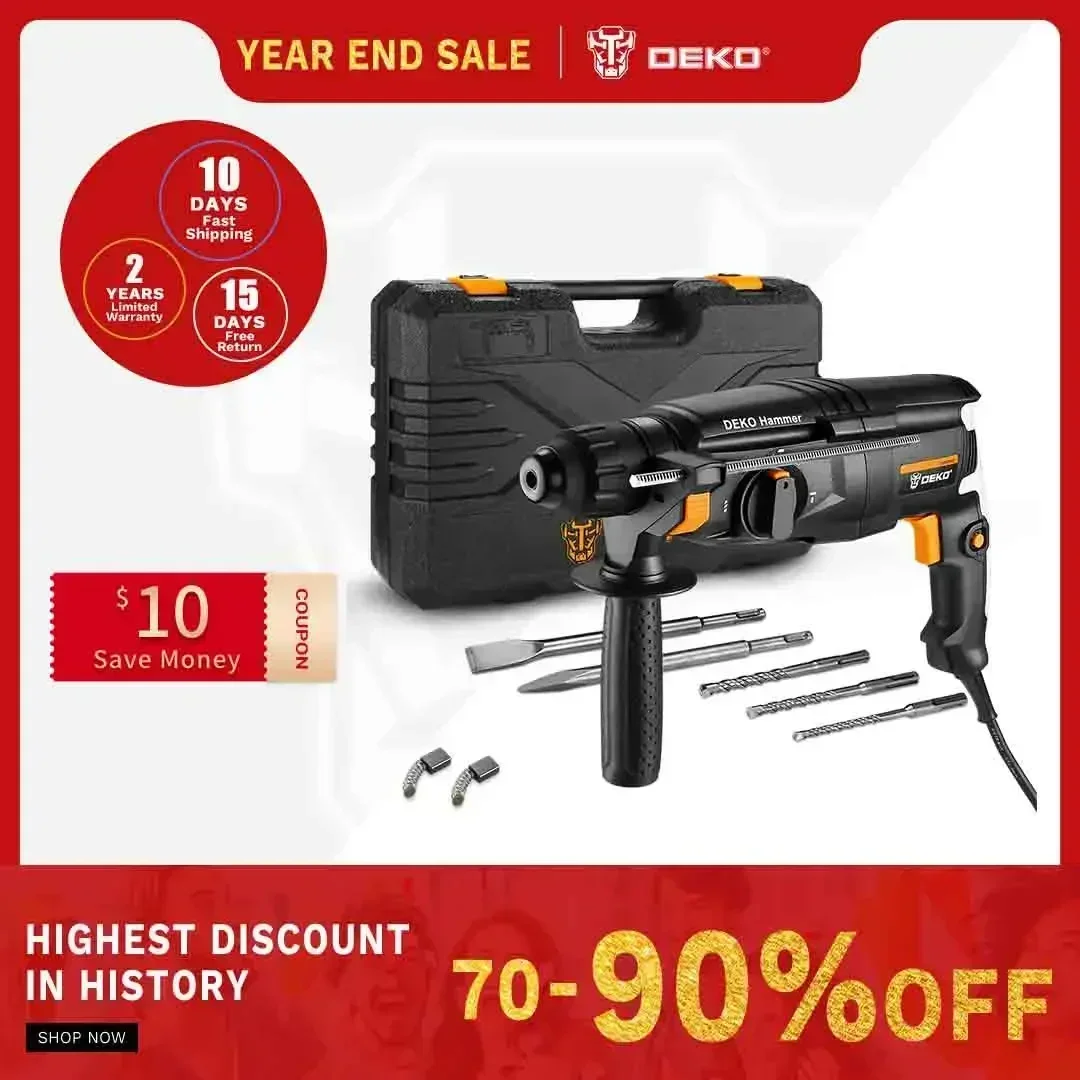 DEKO 220V Rotary Hammer Drill with BMC Box 600W-1000W DKRH26H2 Electric Hammer Impact Drill 6pcs Accessories