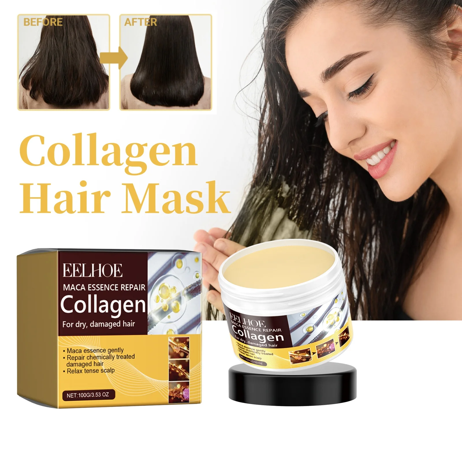 Kollagen-Haarmaske reduziert Trockenheit und Frizz, verhindert Spaltung der Haare, spendet Feuchtigkeit, macht das Haar weich und verbessert die Haarstruktur. Haarpflegemaske