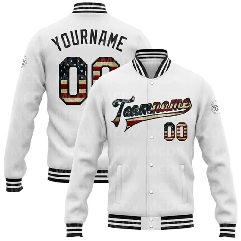 

Custom White Vintage USA Flag-Black Bomber Full-Snap Varsity Letterman Jacket Baseball Button Jacket