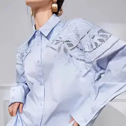 New In 2024 Autumn Flower Hollow Out Embroidery Cotton Shirts and Blouse Woman Mid-length Oversized Top Blusas Women Clothes