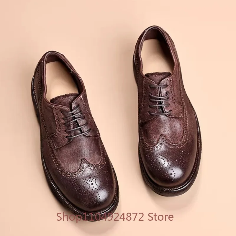 British Style Genuine Leather Office Wedding Dress Shoes Men's Derby Lace Up Thick Sole Casual Business Handmade Shoes Male