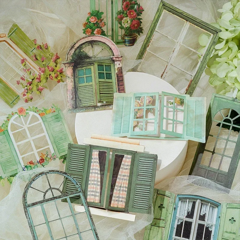 10 Sheets Vintage Window Hollow Out Series Sticker Pack Scrapbook DIY Handbook Journal Material Decoration Stationery Stickers