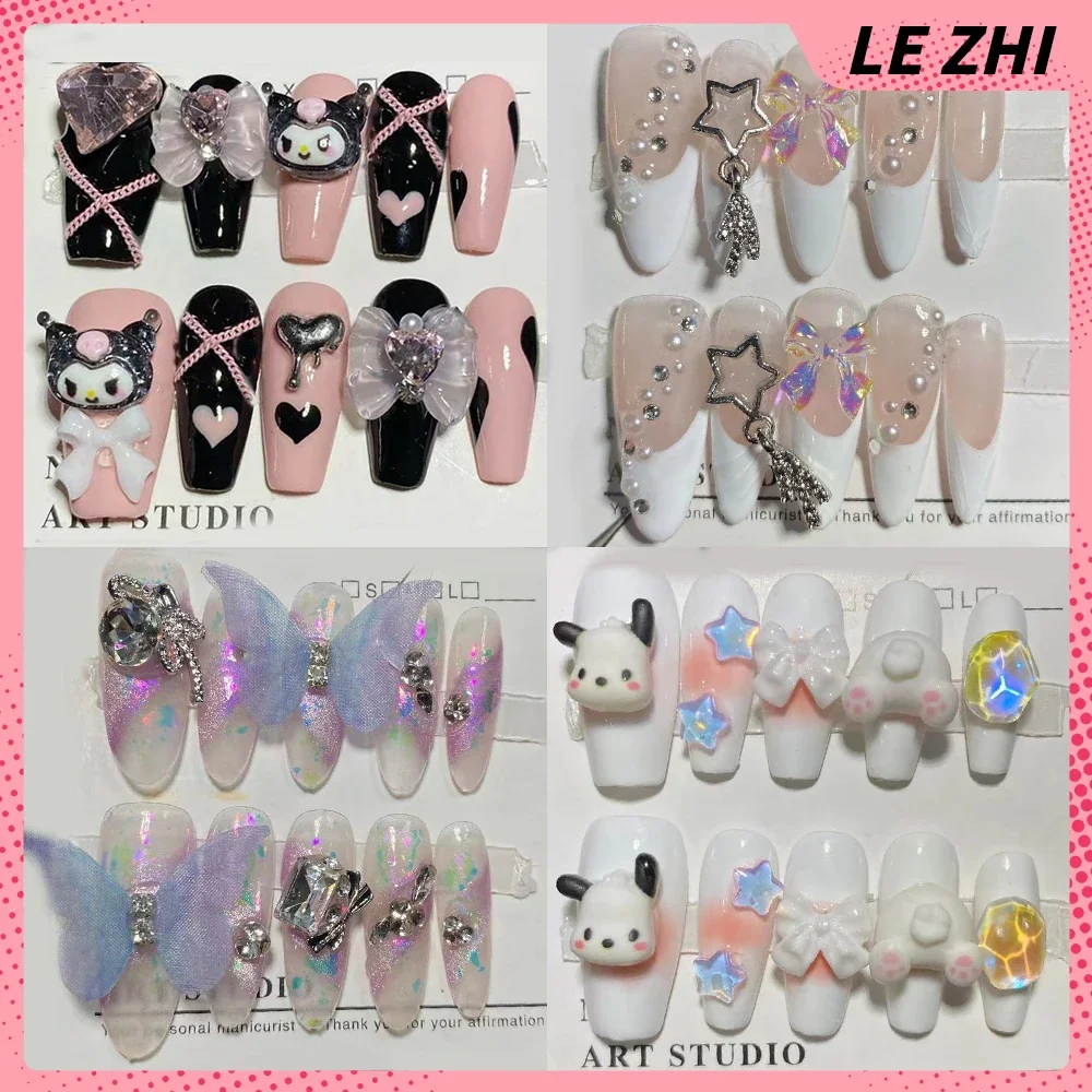 10Pcs Aurora Hello Kitty Kuromi Pink Almond Handmade Press On Nails Full Cover Bowknot Design Artificialnail Party Stickers