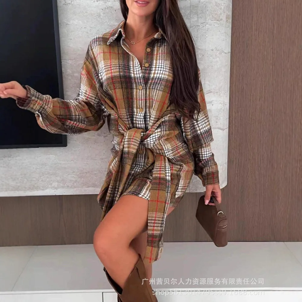 Neue Herbst Winter Kamel Plaid Muster Langarm Taille Krawatte Hemd Kleid Frauen Einreiher Mantel Kleid