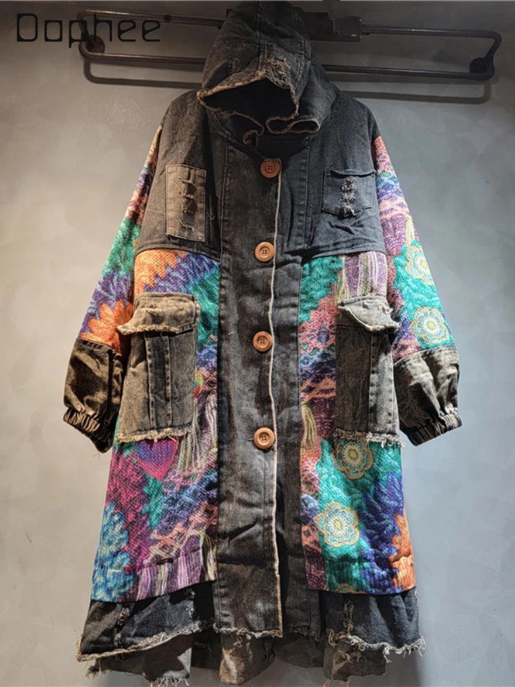 

Street Trendy Brand Plant Flower Knitted Splicing Denim Hooded Jacket Cardigan 2024 Autumn New Retro Loose Long Coat Women