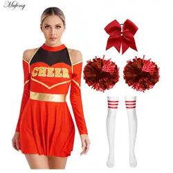 Cheerleader Outfit Cheering Uniform Women Girls Long Sleeve Dress with Pom Poms Stocks Schoolgirls Cheer Leader Dance Costumes